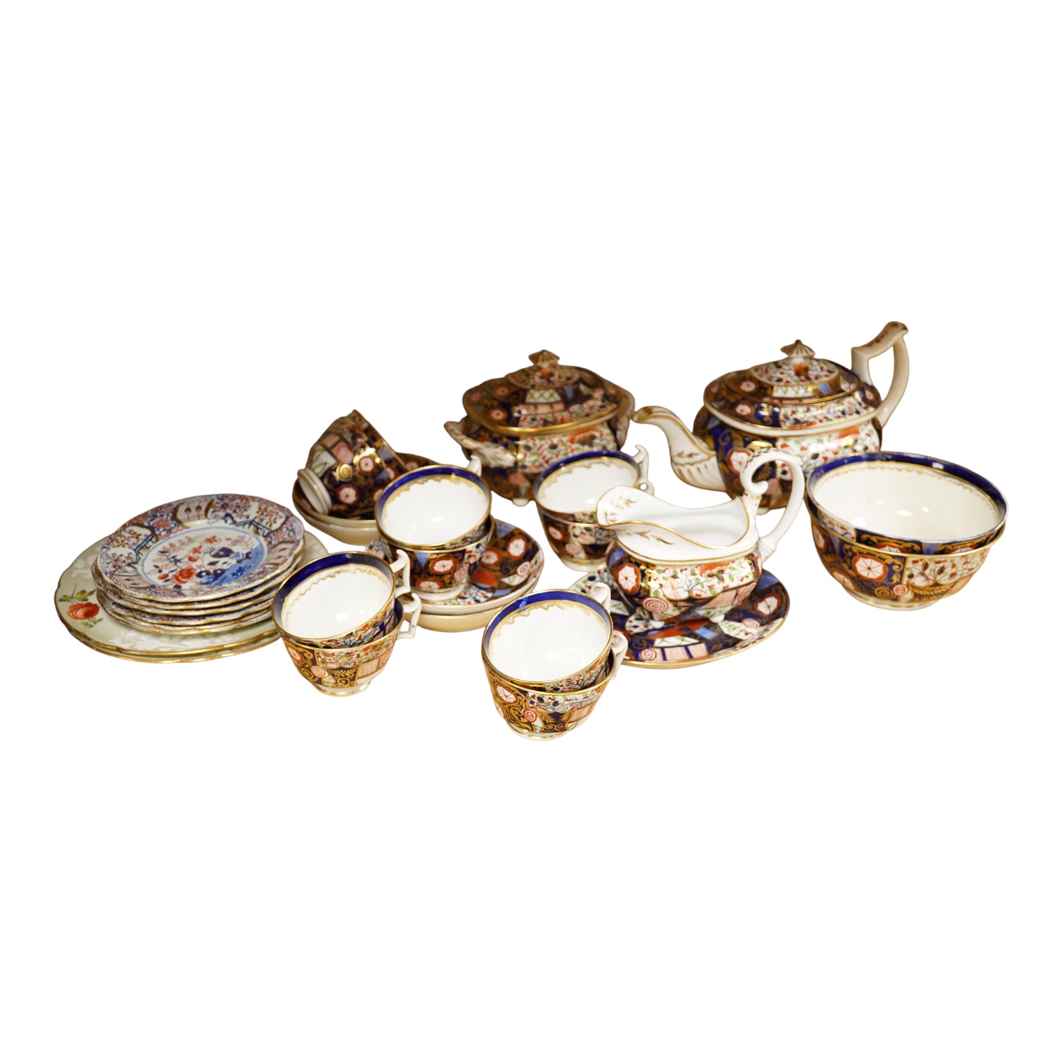 A 19th century Derby Imari pattern part tea set including a teapot a pair of 19th century botanical dishes and six small ironstone dishes.